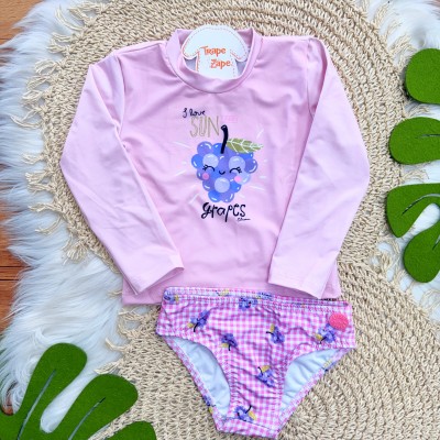Linha Praia - Conj. Blusa Manga Longa Grapes e Calcinha com Proteção UV50+ - Rosa